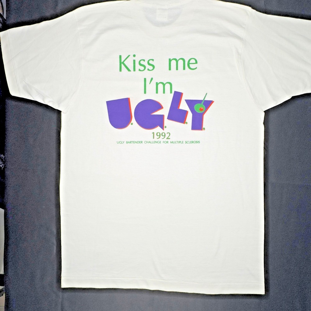 Vintage 90s T-Shirt FOL Kiss Me Im Ugly Bartender Challenge Charity XL White USA